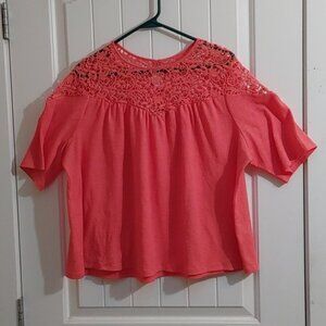 APT 9 red orange crochet lace top shirt blouse cropped short sleeves Medium